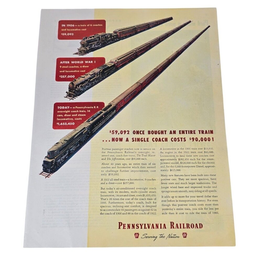 Pennsylvania Railroad Ad 1947 Train Locomotive Advertisement Frameable Ephemera